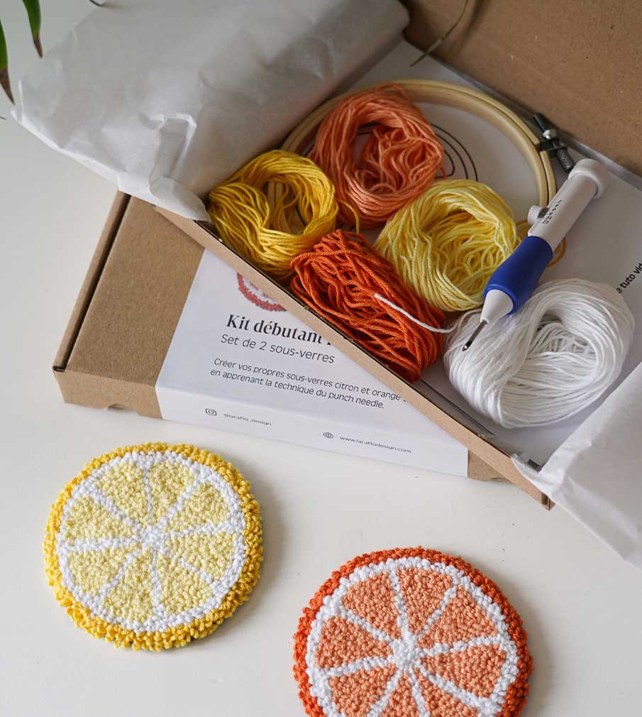 punchneedle kit sous-verres orange et citron